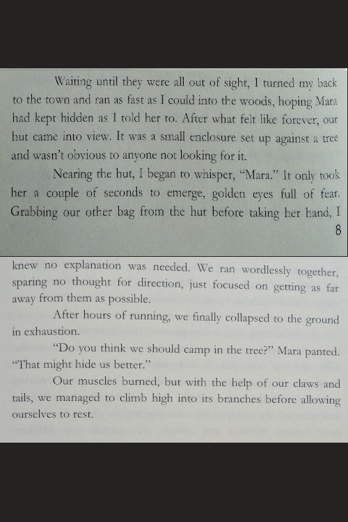 Waiting until they were all out of sight, I turned my back to the town and ran as fast as I could into the woods, hoping Mara had kept hidden as I told her to. After what felt like forever, our hut came into view. It was a small enclosure set up against a tree and wasn’t obvious to anyone not looking for it.  Nearing the hut, I began to whisper, “Mara.” It only took her a couple of seconds to emerge, golden eyes full of fear. Grabbing our other bag from the hut before taking her hand, I knew no explanation was needed. We ran wordlessly together, sparing no thought for direction, just focused on getting as far away from them as possible.  After hours of running, we finally collapsed to the ground in exhaustion.  “Do you think we should camp in the tree?” Mara panted. “That might hide us better.” Our muscles burned, but with the help of our claws and tails, we managed to climb high into its branches before allowing ourselves to rest.